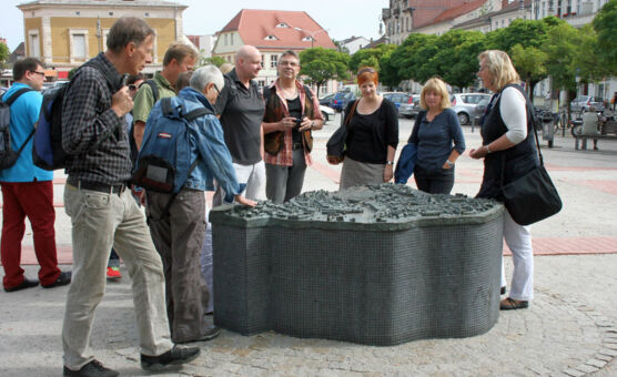 Ein Stadtführer zeigt den Touristen das historische Denkmal am Neustädtischen Markt